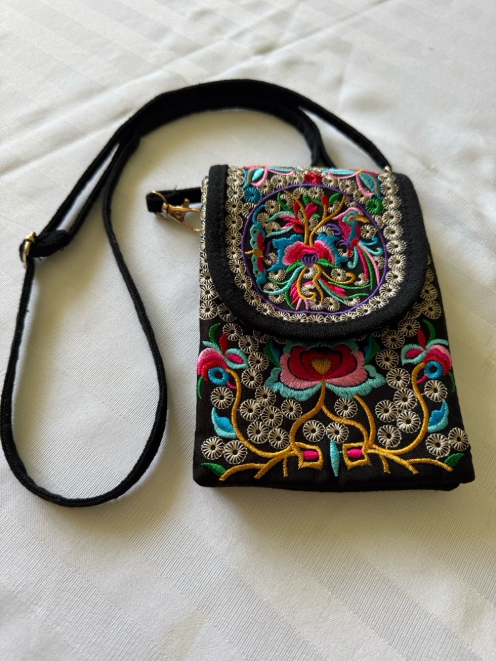 Black Embroidered Crossbody Phone Bag with Multicolor Floral Design